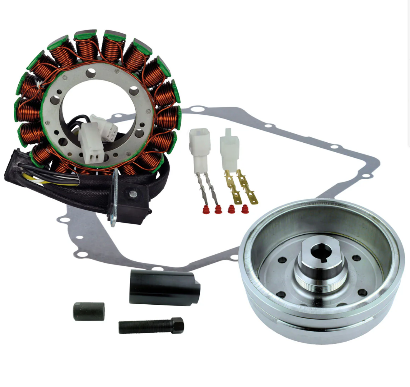 Kit Stator + Improved Magneto Flywheel + Regulator Rectifier + Crankcase Cover Gasket Compatible with Suzuki LTA 400 Eiger 2002-2007