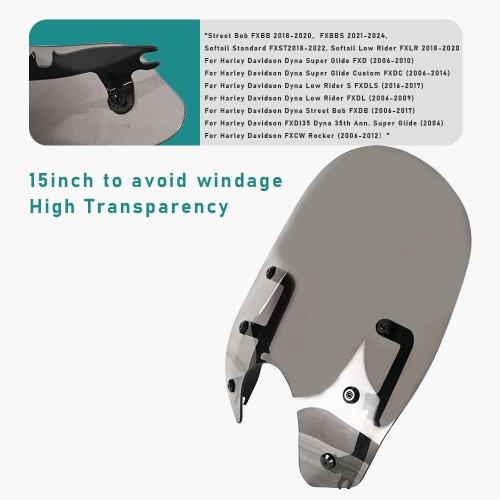 Motorcycle  for Harley 15inch Windshield Windscreen with 49mm Clamp Softail Dyna Street Bob Softail Standard Low Riderpicture3