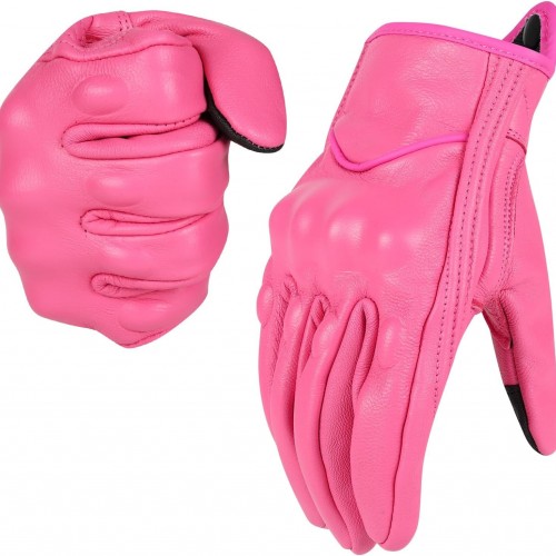 Women Pink Genuine Leather Motorcycle Gloves Full Finger Knuckle Protection Touchscreen Compatible for BMX ATV MTB Riding, Road Racing, Cycling, Climbing, Motocross
