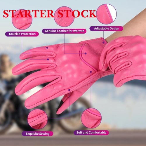 Women Pink Genuine Leather Motorcycle Gloves Full Finger Knuckle Protection Touchscreen Compatible for BMX ATV MTB Riding, Road Racing, Cycling, Climbing, Motocrosspicture3