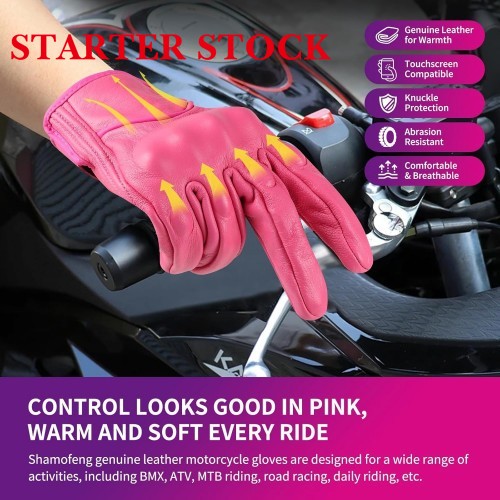 Women Pink Genuine Leather Motorcycle Gloves Full Finger Knuckle Protection Touchscreen Compatible for BMX ATV MTB Riding, Road Racing, Cycling, Climbing, Motocrosspicture2