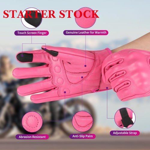 Women Pink Genuine Leather Motorcycle Gloves Full Finger Knuckle Protection Touchscreen Compatible for BMX ATV MTB Riding, Road Racing, Cycling, Climbing, Motocrosspicture4