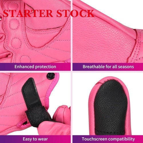 Women Pink Genuine Leather Motorcycle Gloves Full Finger Knuckle Protection Touchscreen Compatible for BMX ATV MTB Riding, Road Racing, Cycling, Climbing, Motocrosspicture5