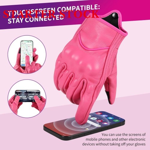 Women Pink Genuine Leather Motorcycle Gloves Full Finger Knuckle Protection Touchscreen Compatible for BMX ATV MTB Riding, Road Racing, Cycling, Climbing, Motocrosspicture6