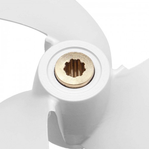 Hélice externa para motores de 2,5 a 3 caballos de fuerza, modelo 6L5-45943-00-EL, fabricada en aleación de aluminio, de color blanco y con 9 dientes. Ideal para barcos